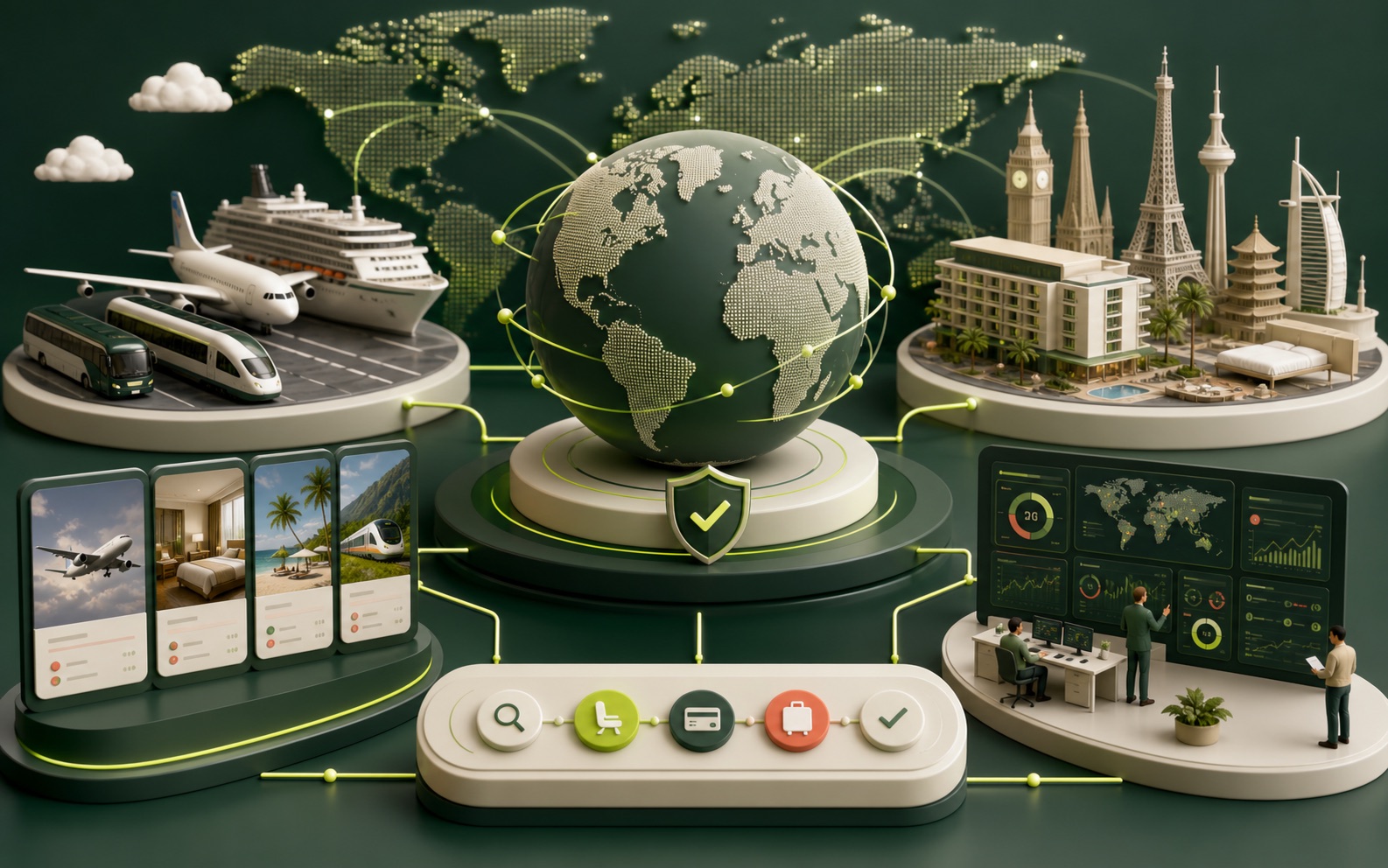 Editorial visual of global travel API data moving through a booking service