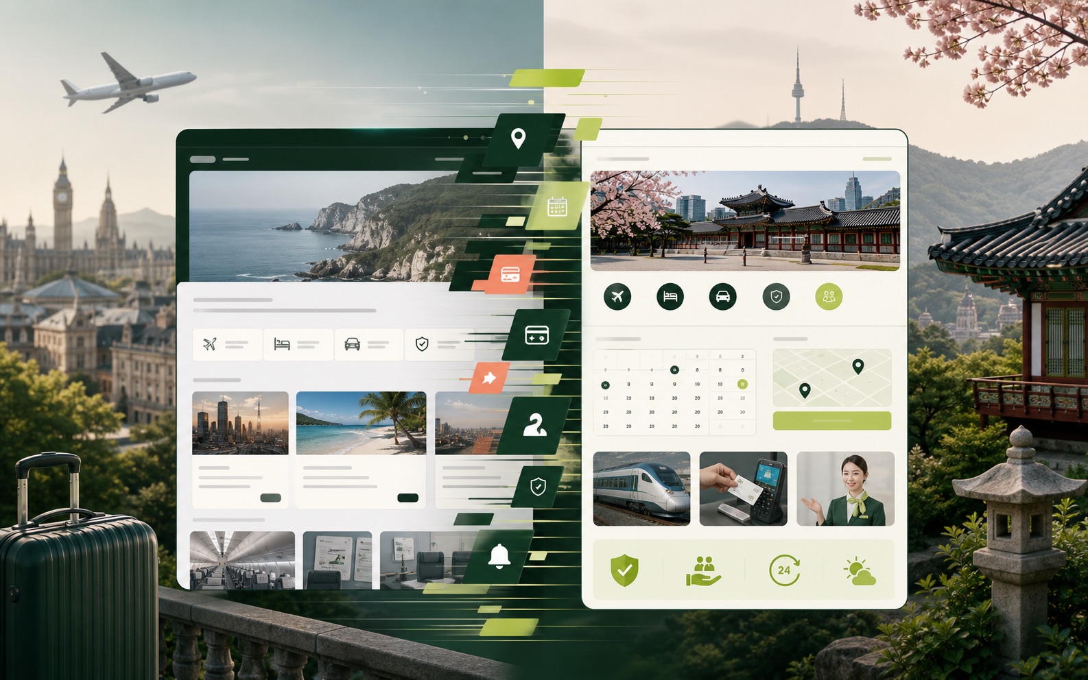 Editorial visual of travel content being localized for a Korean customer journey